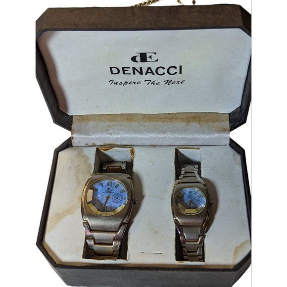Denacci Watch Men Women Silver Tone Faceted Blue Crystal Dial Set - Picture 2 of 6